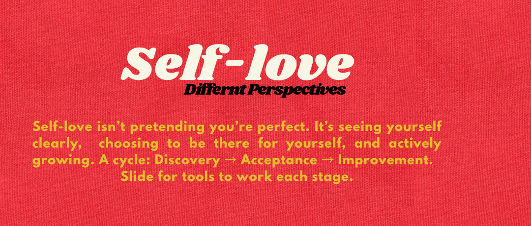 Red background with text and arrows on self-love and different perspectives.